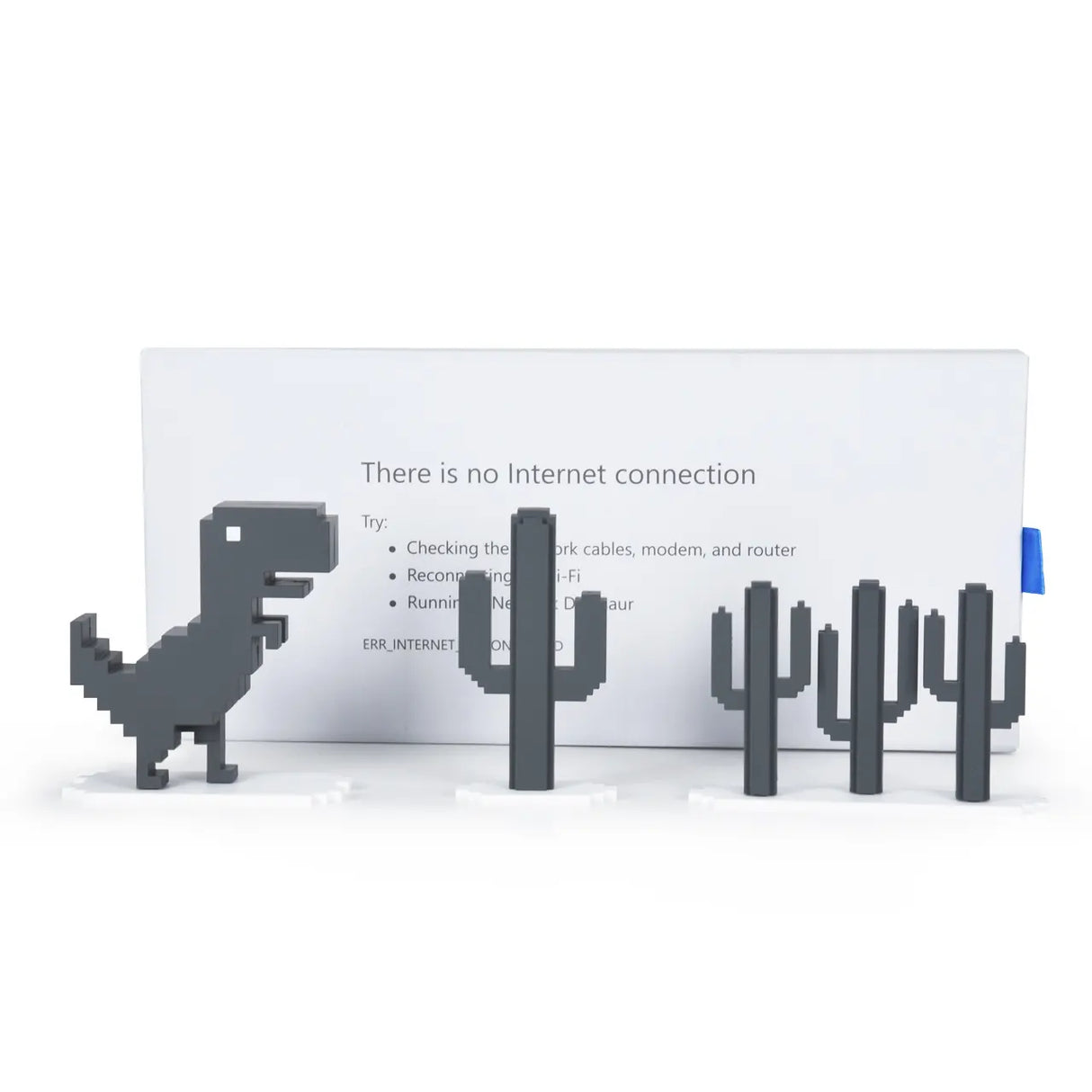 Chrome Dino set with “No Internet Connection” screen backdrop – parody box packaging.