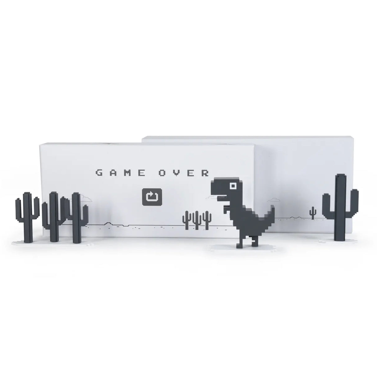 Full display scene of Chrome Dino game with "Game Over" text on box background.