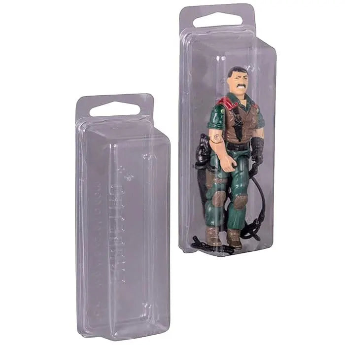 EVORETRO clamshell PET protector case displayed with vintage style action figure