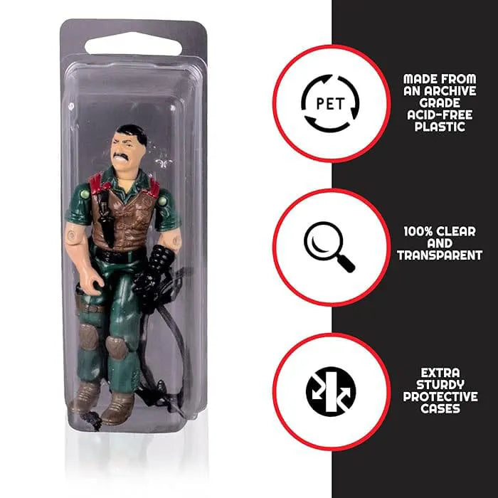 Clear PET action figure protector highlighting archival grade material and transparent display