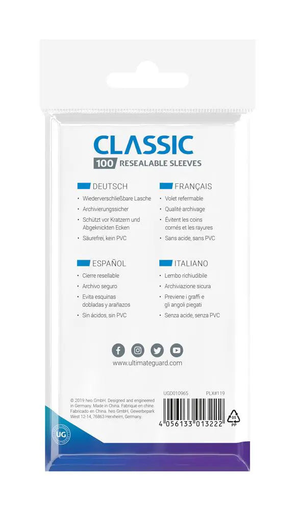 Ultimate Guard Classic Sleeves 100 pack with resealable flap shown in packaging