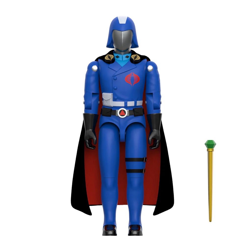 Cobra Commander Movie Black Cape G.I. Joe ReAction Plus figure with sceptre accessory on white background