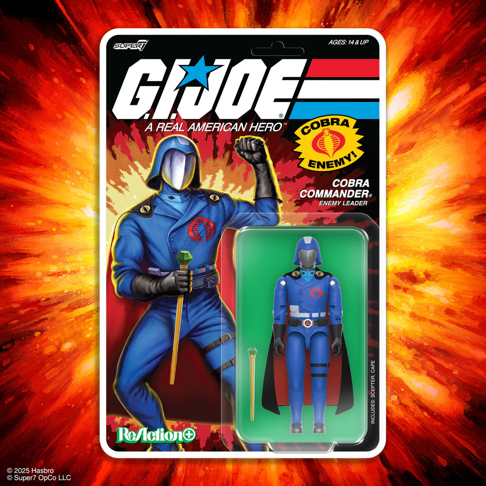 Cobra Commander Black Cape ReAction Plus carded figure with explosive artwork background