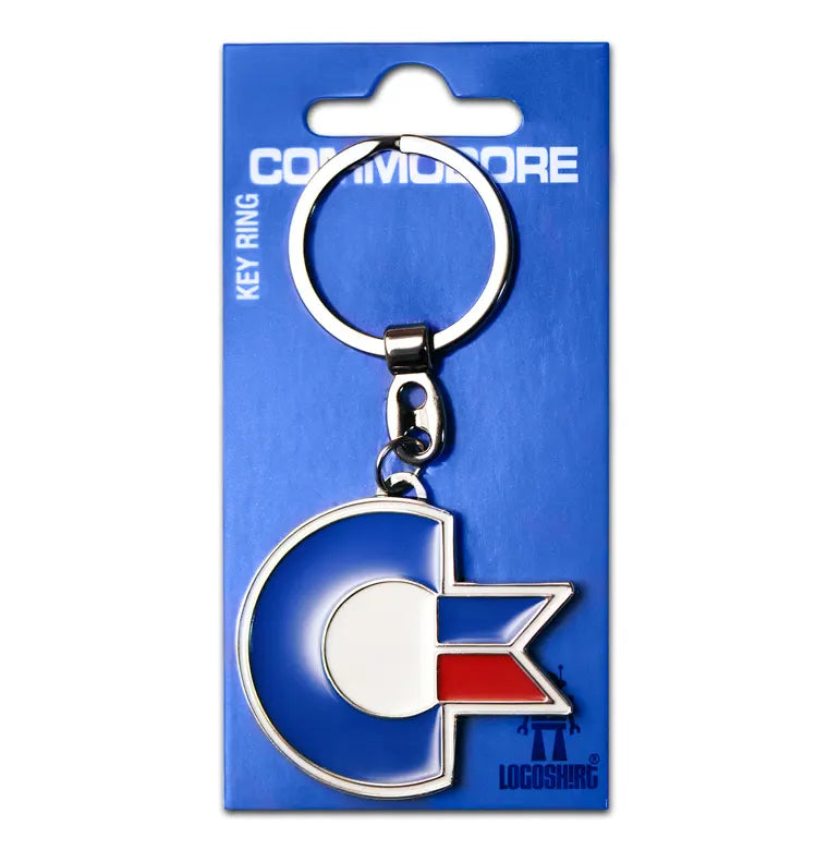 Commodore 64 C64 logo keychain on blue packaging card