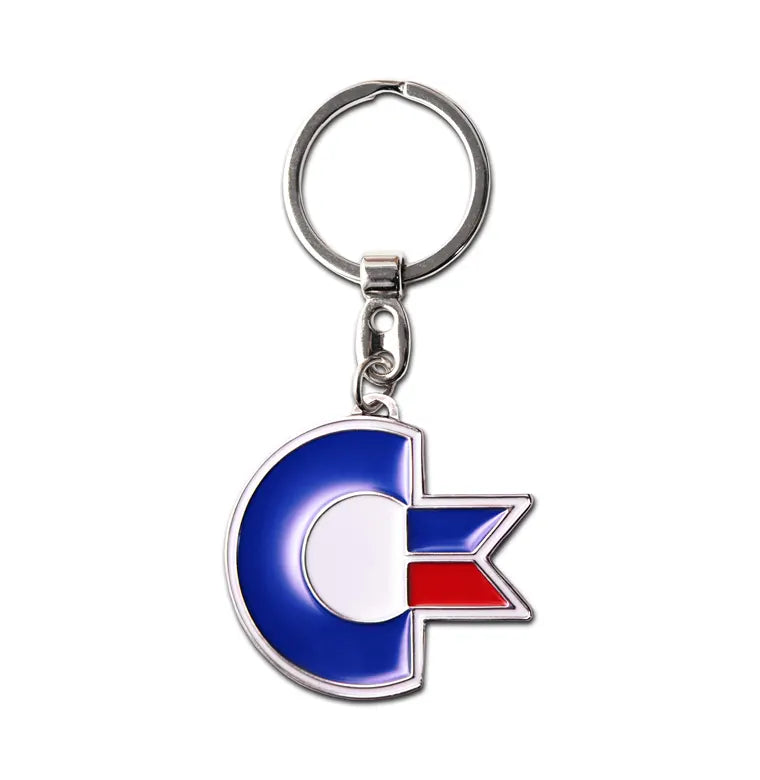 Commodore 64 C64 logo keychain front view with metal keyring