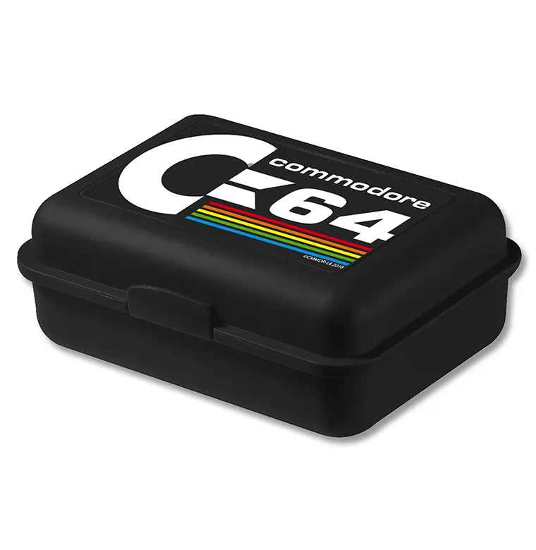 Commodore 64 lunchbox closed with retro rainbow stripe C64 logo on black design.