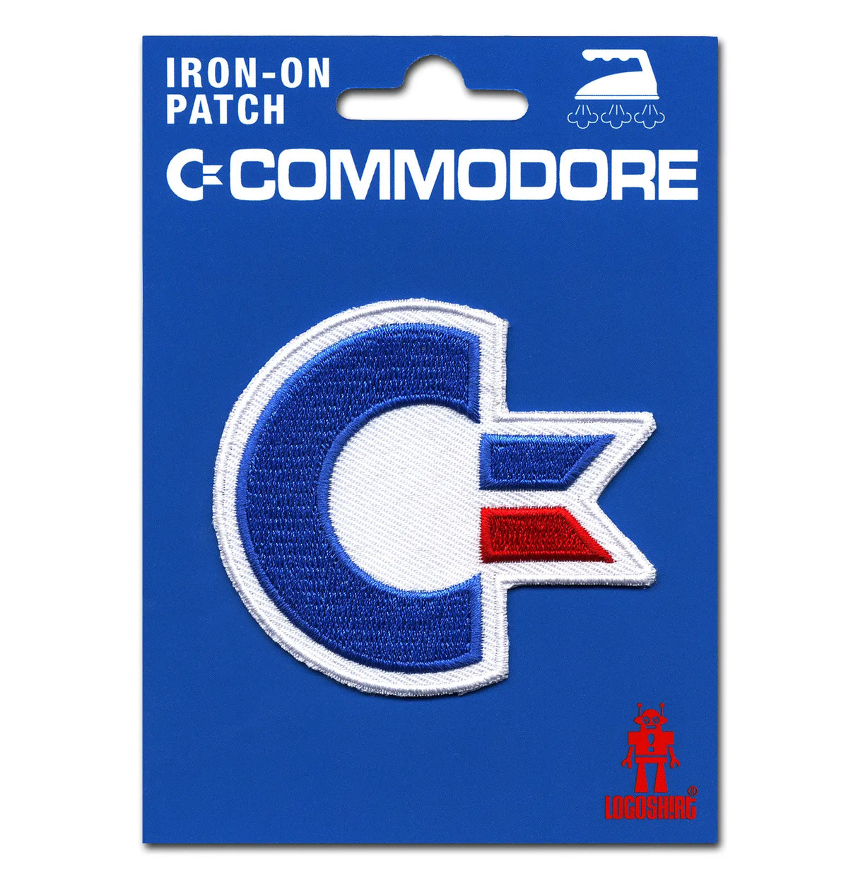 Commodore 64 embroidered iron-on patch featuring classic blue, white, and red C64 logo on blue backing card.
