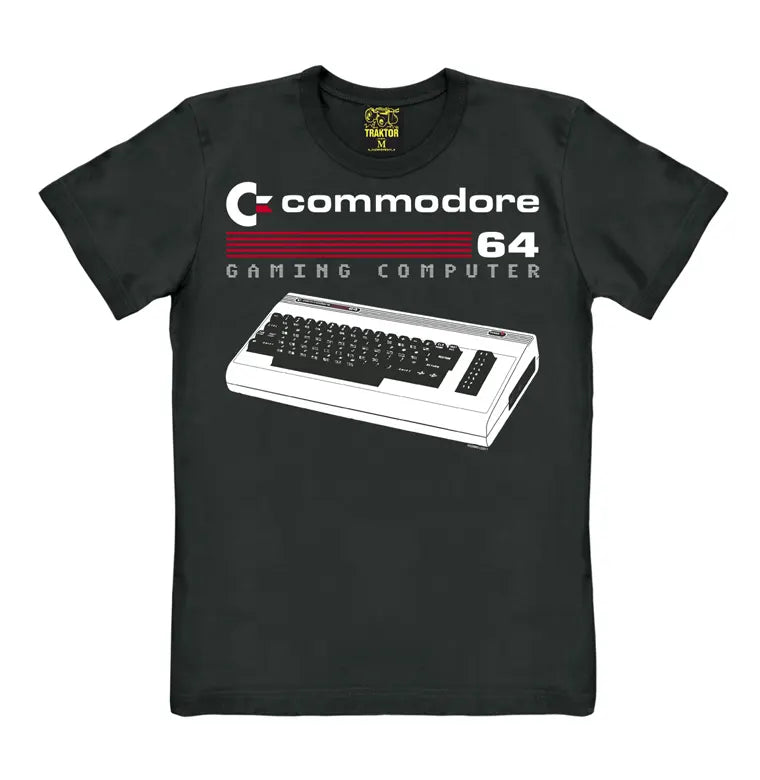 Commodore 64 Gaming Computer T-Shirt with retro keyboard and logo print, black cotton tee.