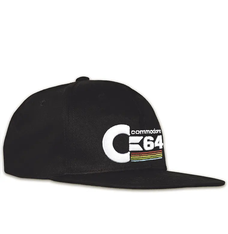 Commodore 64 snapback cap side view showing embroidery detail and flat visor.