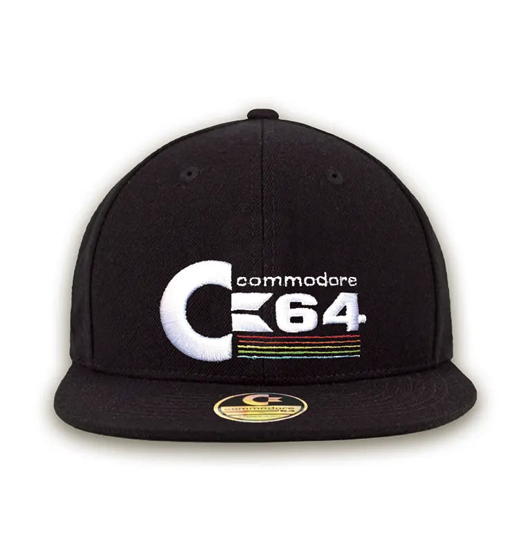 Commodore 64 snapback cap front view with embroidered C64 logo and rainbow stripes.