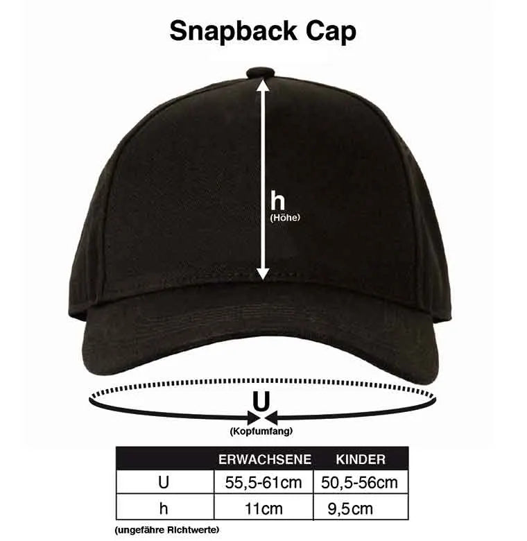 Commodore 64 snapback cap size guide showing head circumference and height dimensions.