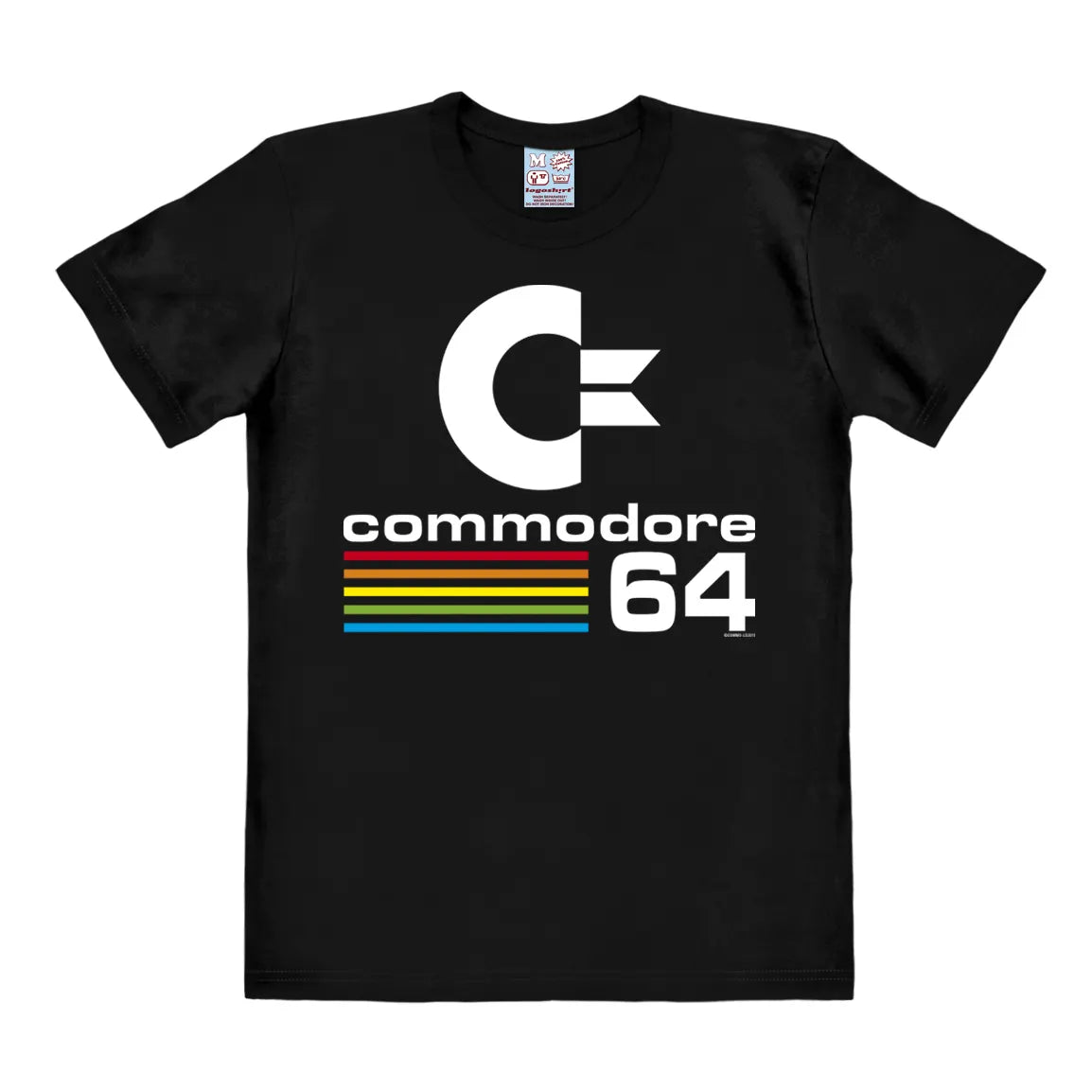 Commodore 64 T-Shirt with white C64 logo and rainbow stripes on black fabric