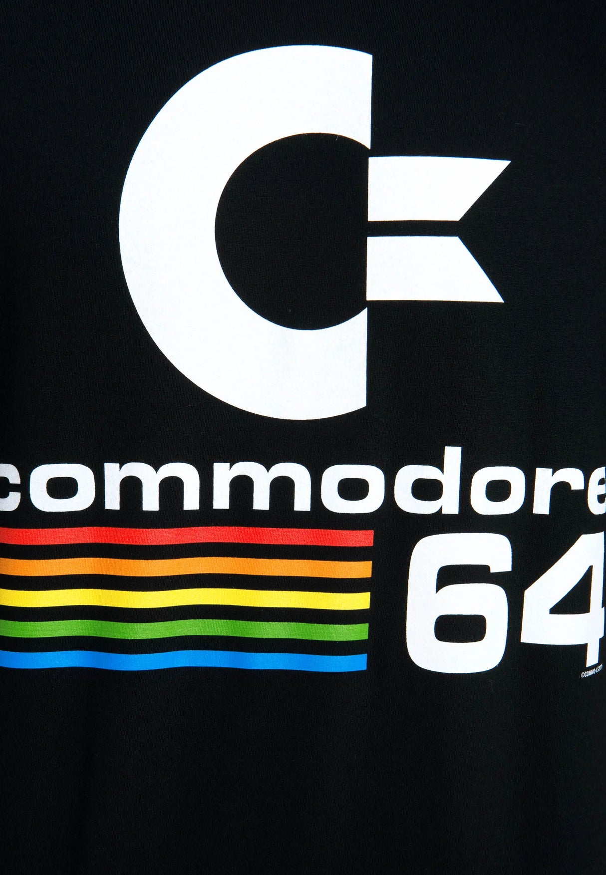 Close-up of Commodore 64 rainbow stripe logo print on t-shirt