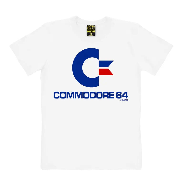 White Commodore 64 T-Shirt featuring the classic blue and red C64 logo on the front.