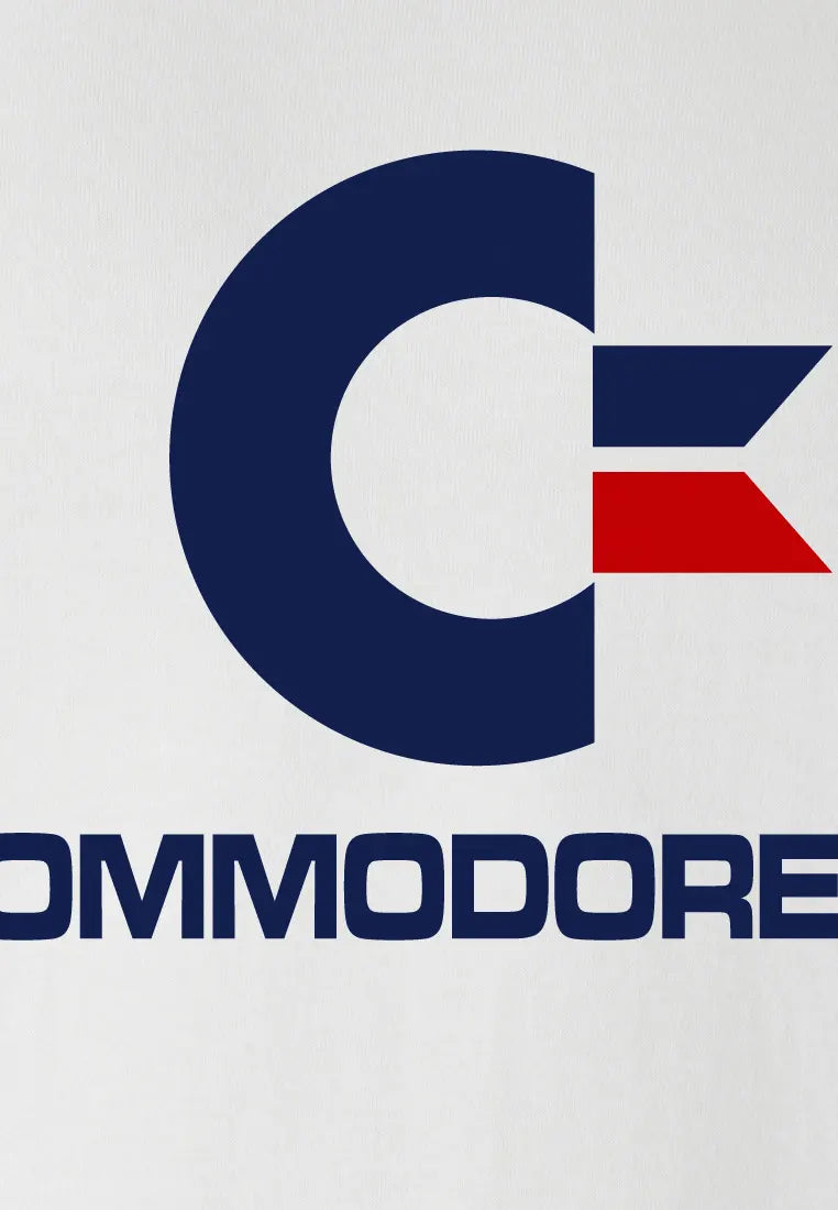 Close-up of the Commodore 64 logo print on white C64 T-Shirt.