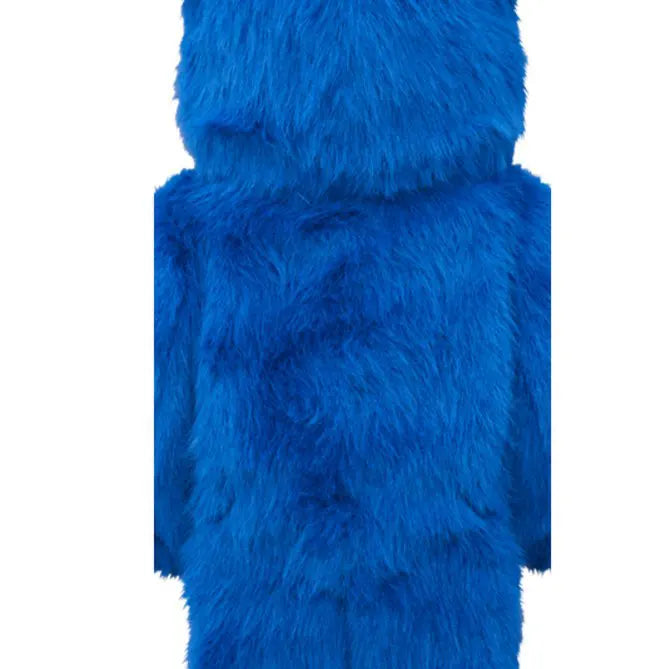 Rear of the 400% Bearbrick Cookie Monster with soft textured fur and hooded detail.