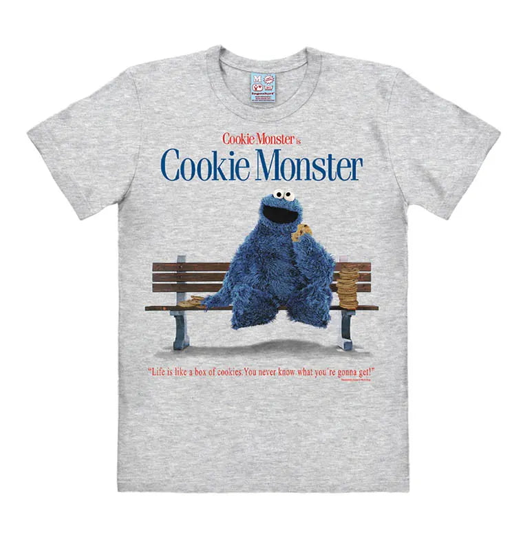 Grey T-shirt featuring Cookie Monster sitting on a park bench with cookies and the quote “Life is like a box of cookies. You never know what you’re gonna get!”
