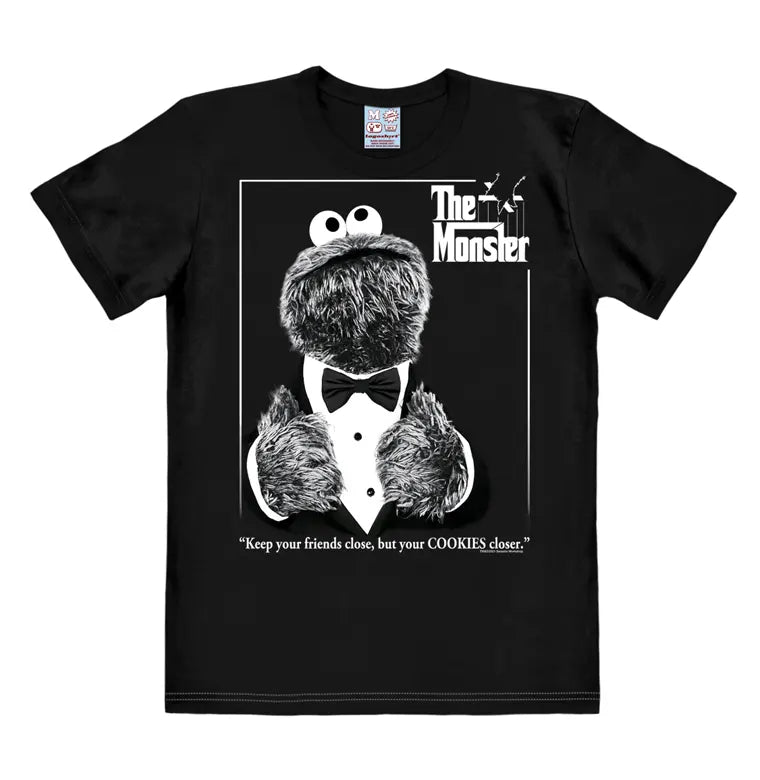 Black T-shirt featuring Cookie Monster parodying The Godfather movie poster with the quote “Keep your friends close, but your cookies closer.