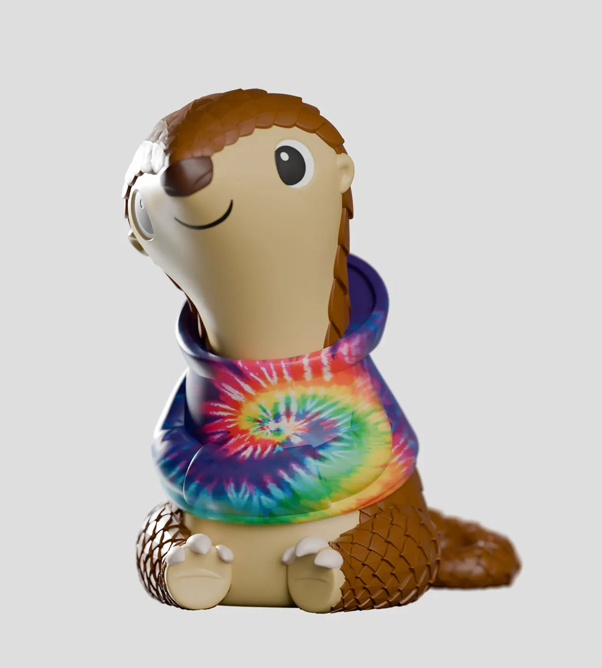 Cosmo art vinyl figure front view with tie dye hoodie and smiling pangolin design