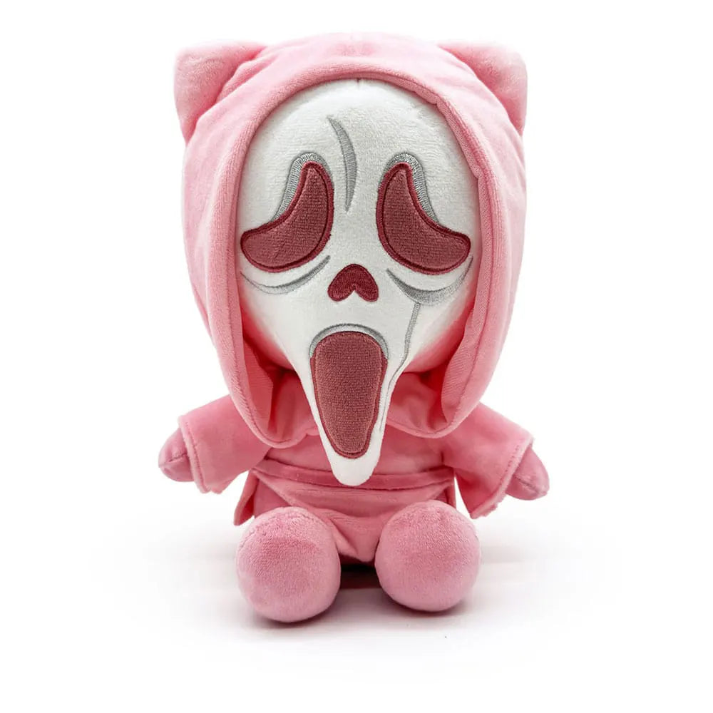 Front view of Cute Ghost Face Plush in pink hood with embroidered mask from Scream.