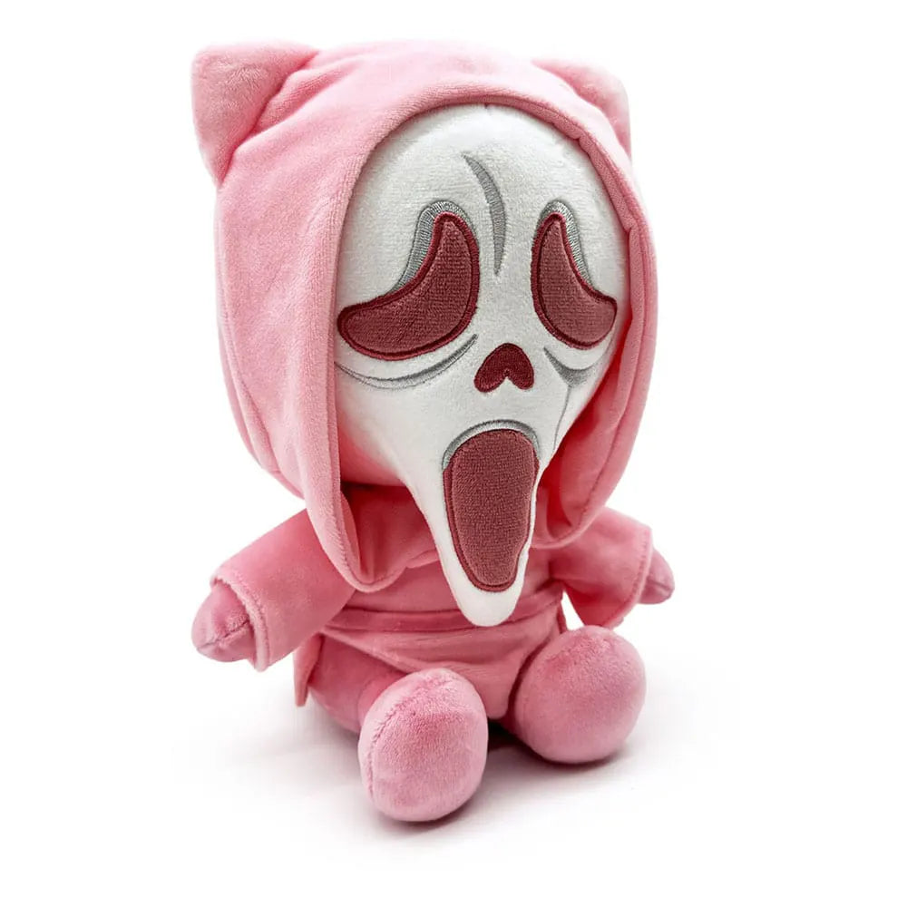 Side view of Ghost Face plush toy in pink hooded robe sitting down.
