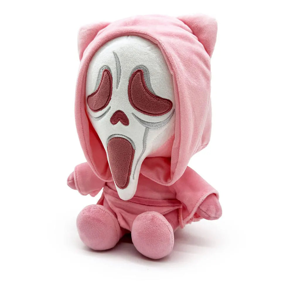 Angled view of Cute Ghost Face Plush showing mask details and cat-ear hood.
