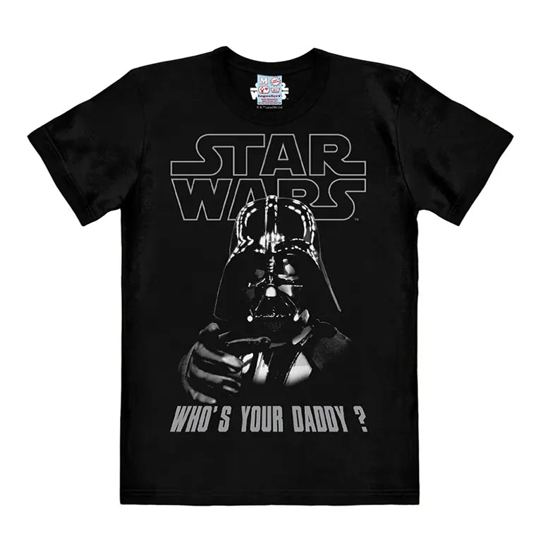 Black Star Wars T-shirt featuring Darth Vader pointing forward with the phrase “Who’s Your Daddy?” printed below the logo.