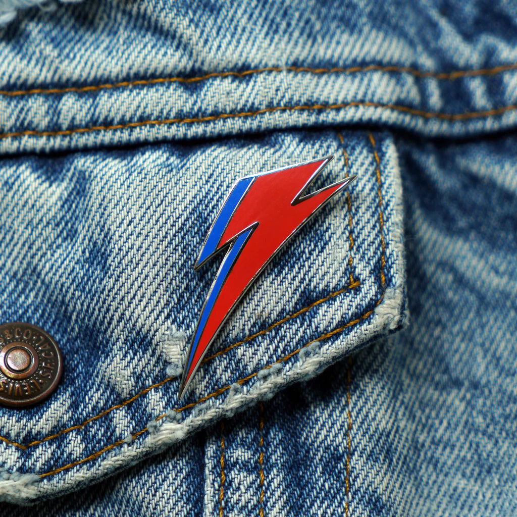 David Bowie Aladdin Sane bolt enamel pin on denim jacket