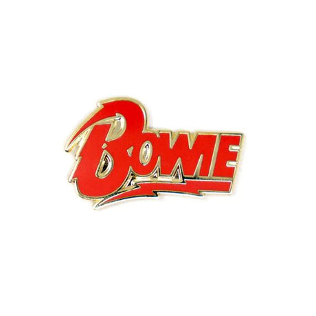 Red and gold enamel Bowie logo lapel pin by Yesterdays