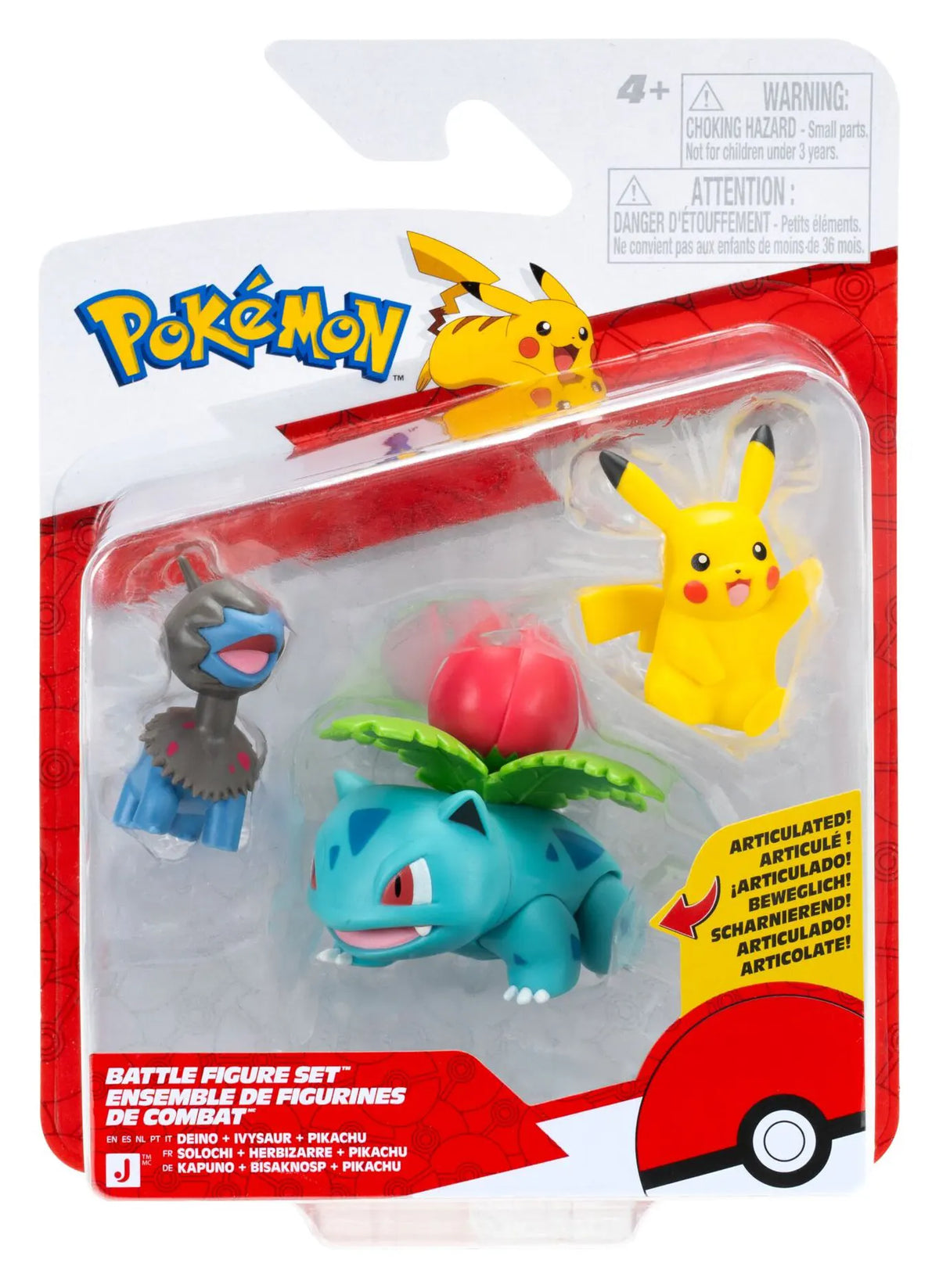 Deino, Ivysaur and Pikachu Pokémon Battle Figure Pack in packaging