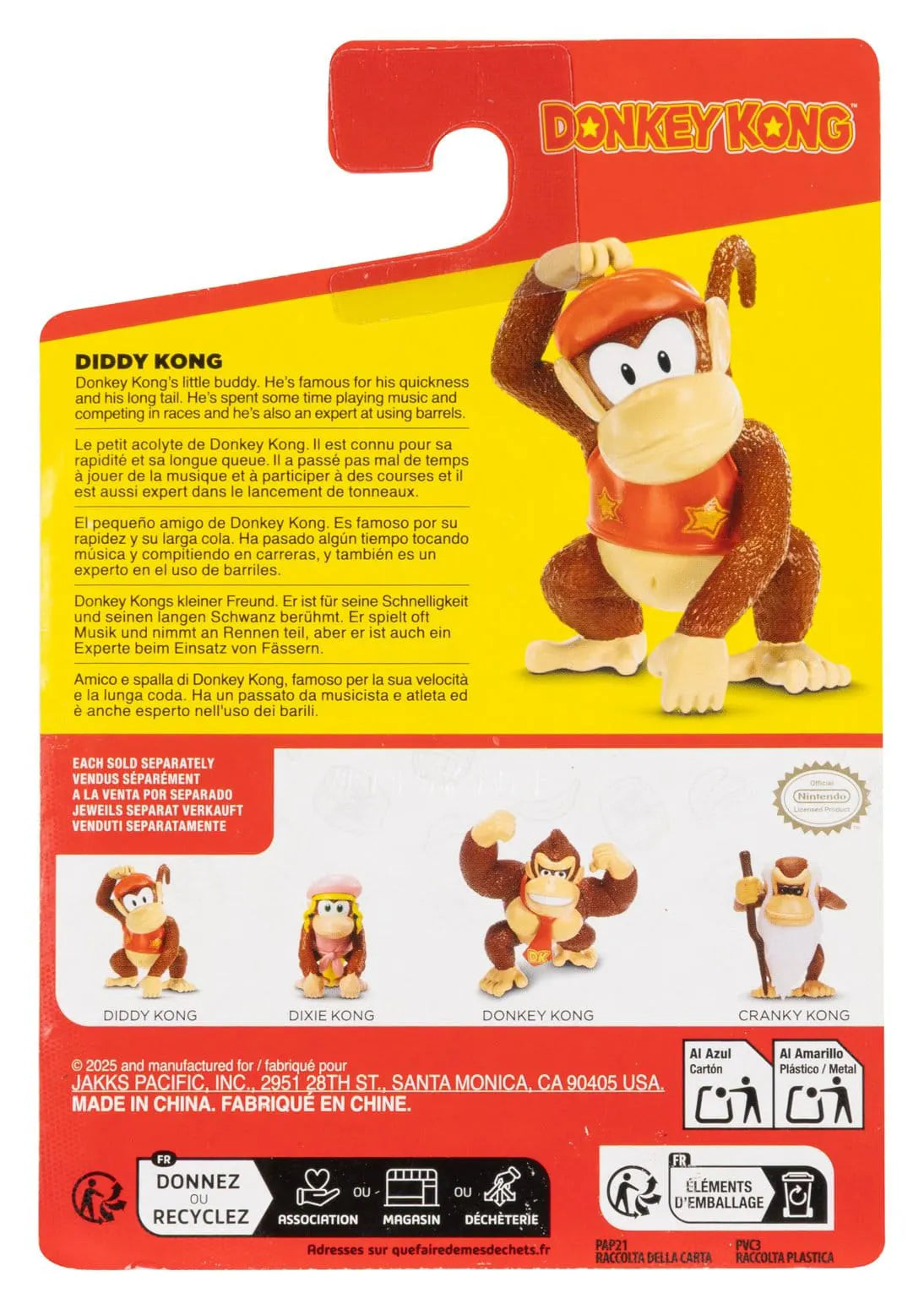 Back of Diddy Kong figure packaging showing Diddy Kong, Dixie Kong, Donkey Kong and Cranky Kong