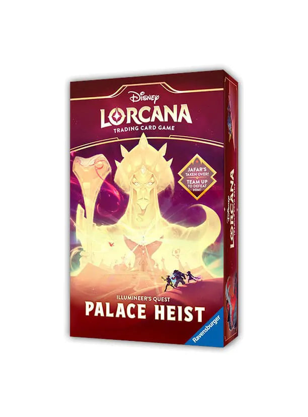 Front of Disney Lorcana TCG Illumineer’s Quest: Palace Heist box featuring Supreme Sorcerer Jafar artwork and bold red design.