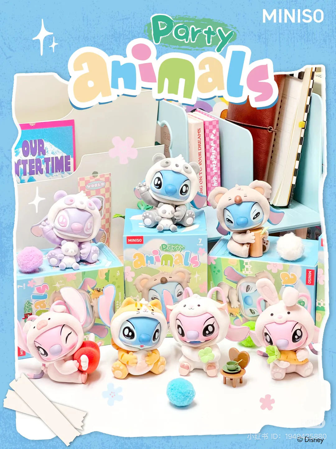 Display of Stitch Party Animals figures including Stitch and Angel in animal onesies.