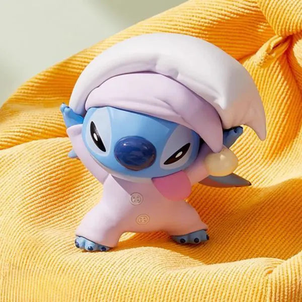 Stitch in pink pajamas stretching with nightcap figure