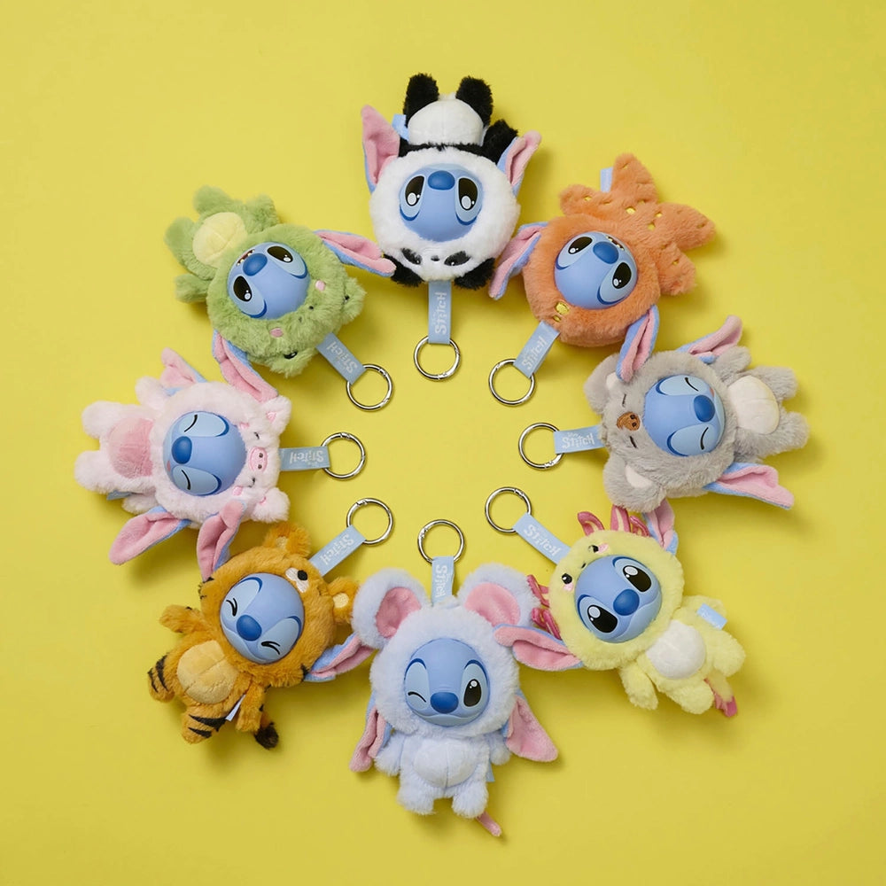 Disney YuYus Stitch plush keychain blind box series arranged in circle on yellow background