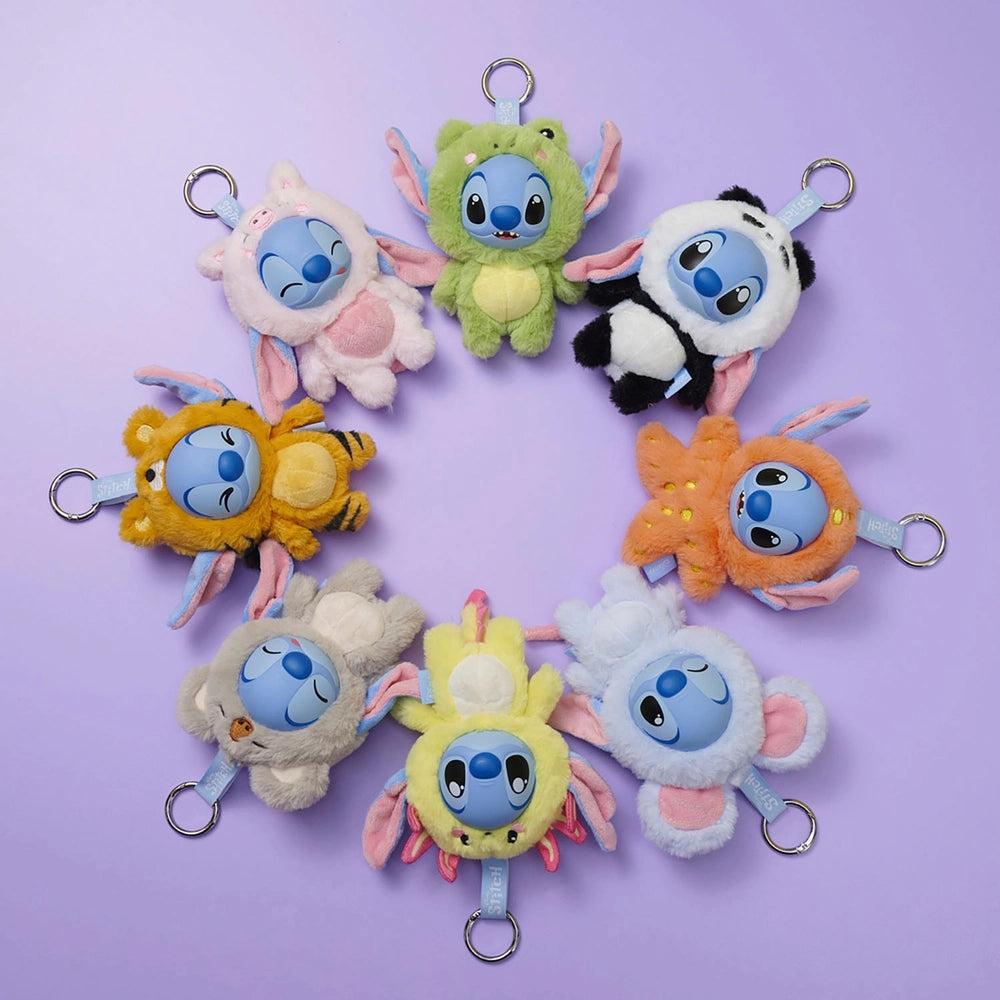Disney YuYus Stitch plush keychain blind box series arranged in circle on purple background