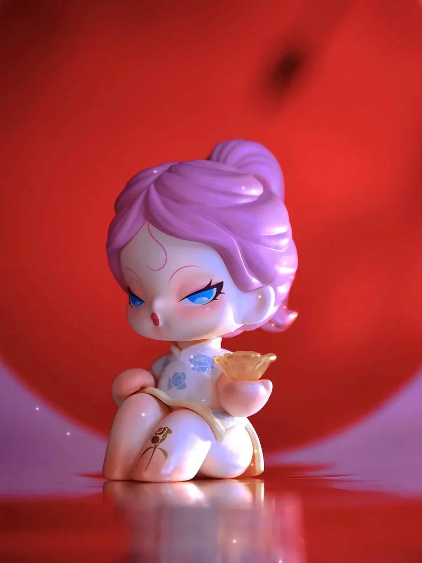 DODO Nami collectible vinyl figure in purple hair and floral dress holding golden rose.