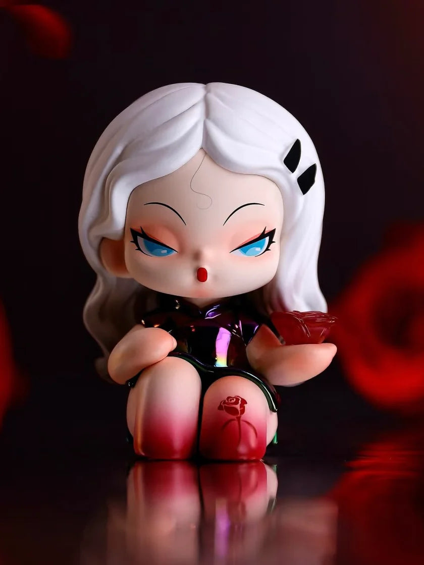 DODO Nami designer toy with white hair, black shiny outfit, and red rose tattoo on thigh.
