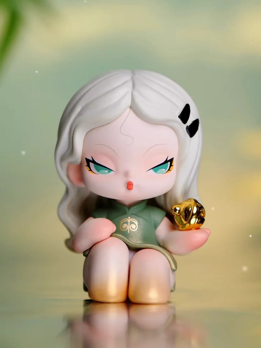 DODO Nami collectible toy with white hair and shimmering fantasy dress, holding a rose.