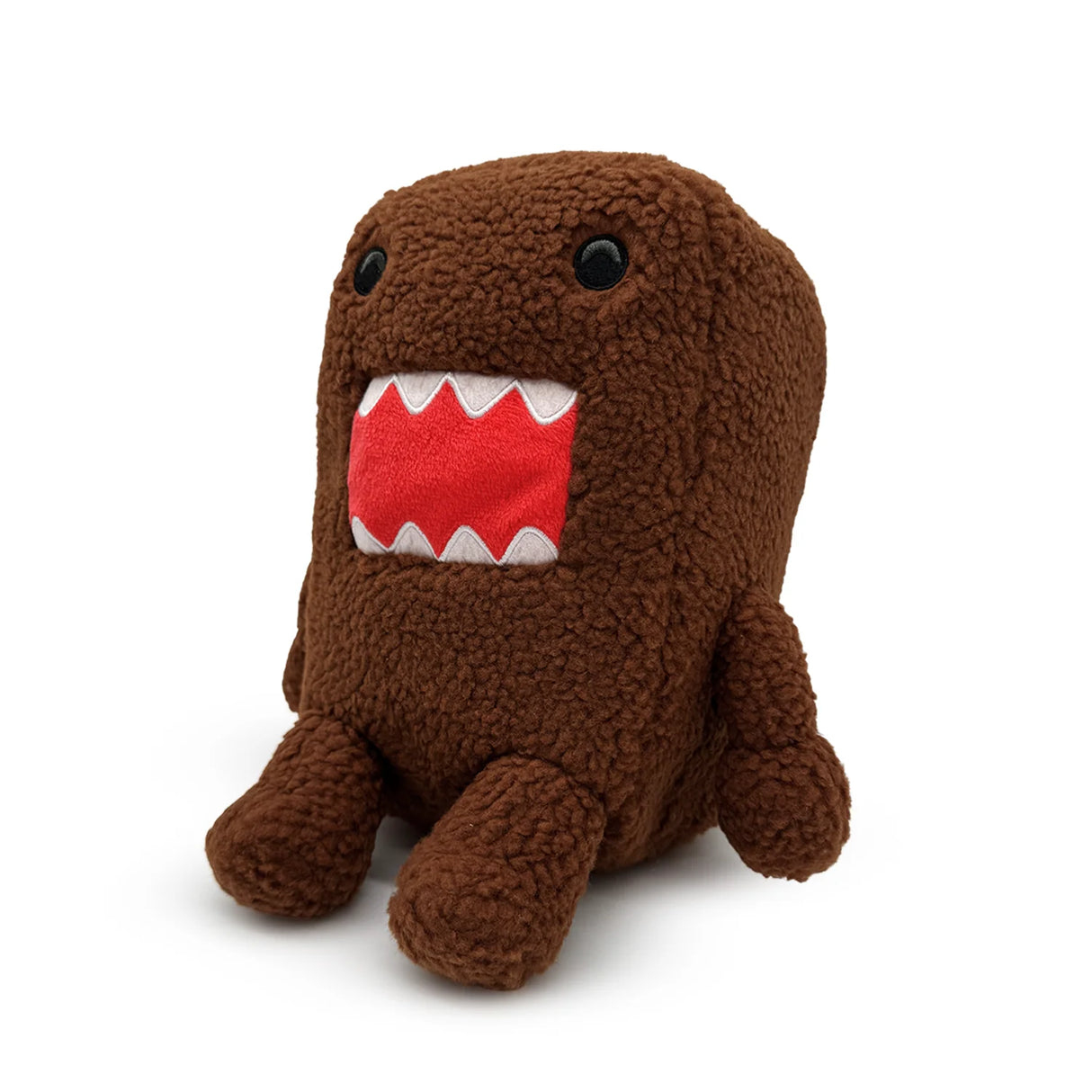 Domo-Kun plush close-up with red mouth and white teeth