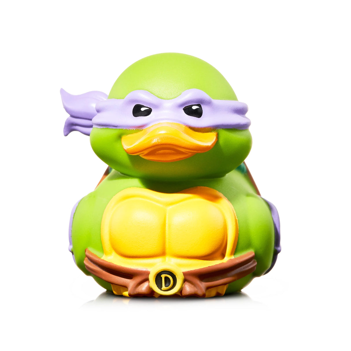 Front view of Donatello TUBBZ duck with purple mask and chest detail
