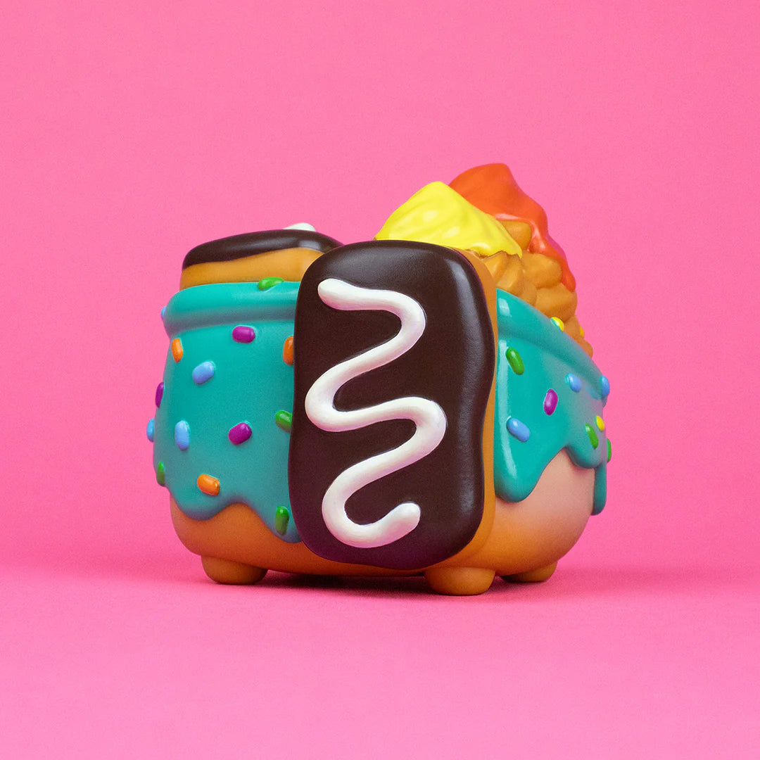 Rear view of Donut Green Dumpster Fire vinyl art toy