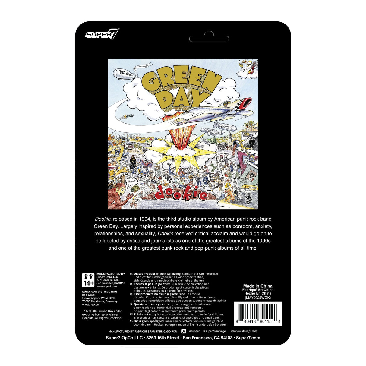 Back of the Dookie Dog Green Day ReAction figure card featuring album art and product details.