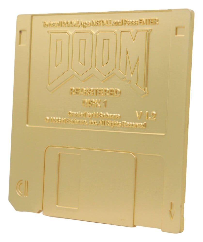 Gold Doom replica floppy disk angled view showing embossed details