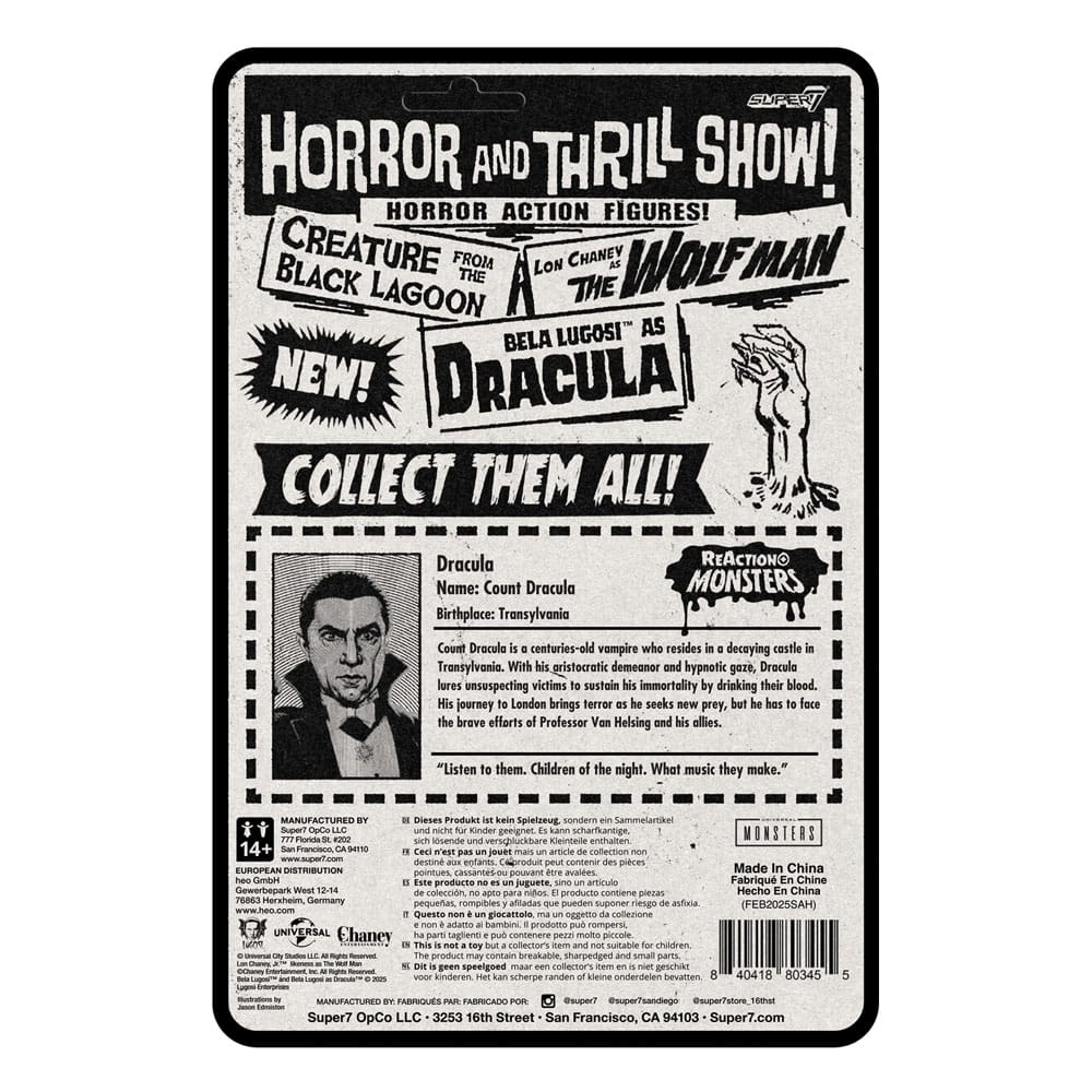 Dracula ReAction+ Figure blister card packaging with classic Universal Monsters artwork
