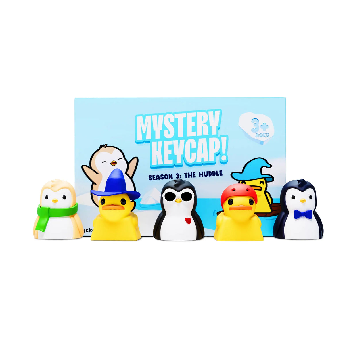 Duckeys x Pudgy Penguins Mystery Keycap Season 3 The Huddle packaging with all 5 designs.
