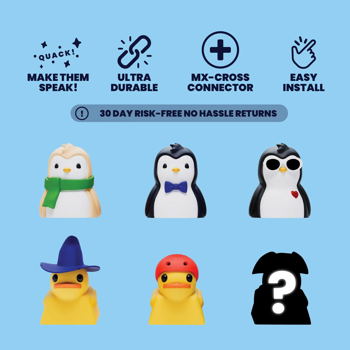 Duckeys Season 3 product lineup showing Penguin and Duck keycap characters.