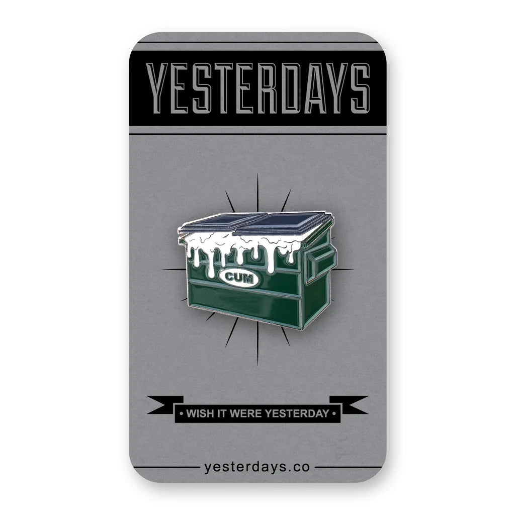 Dumpster Enamel Pin on Yesterdays branded backing card