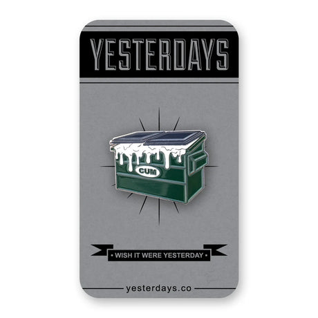 Dumpster Enamel Pin on Yesterdays branded backing card