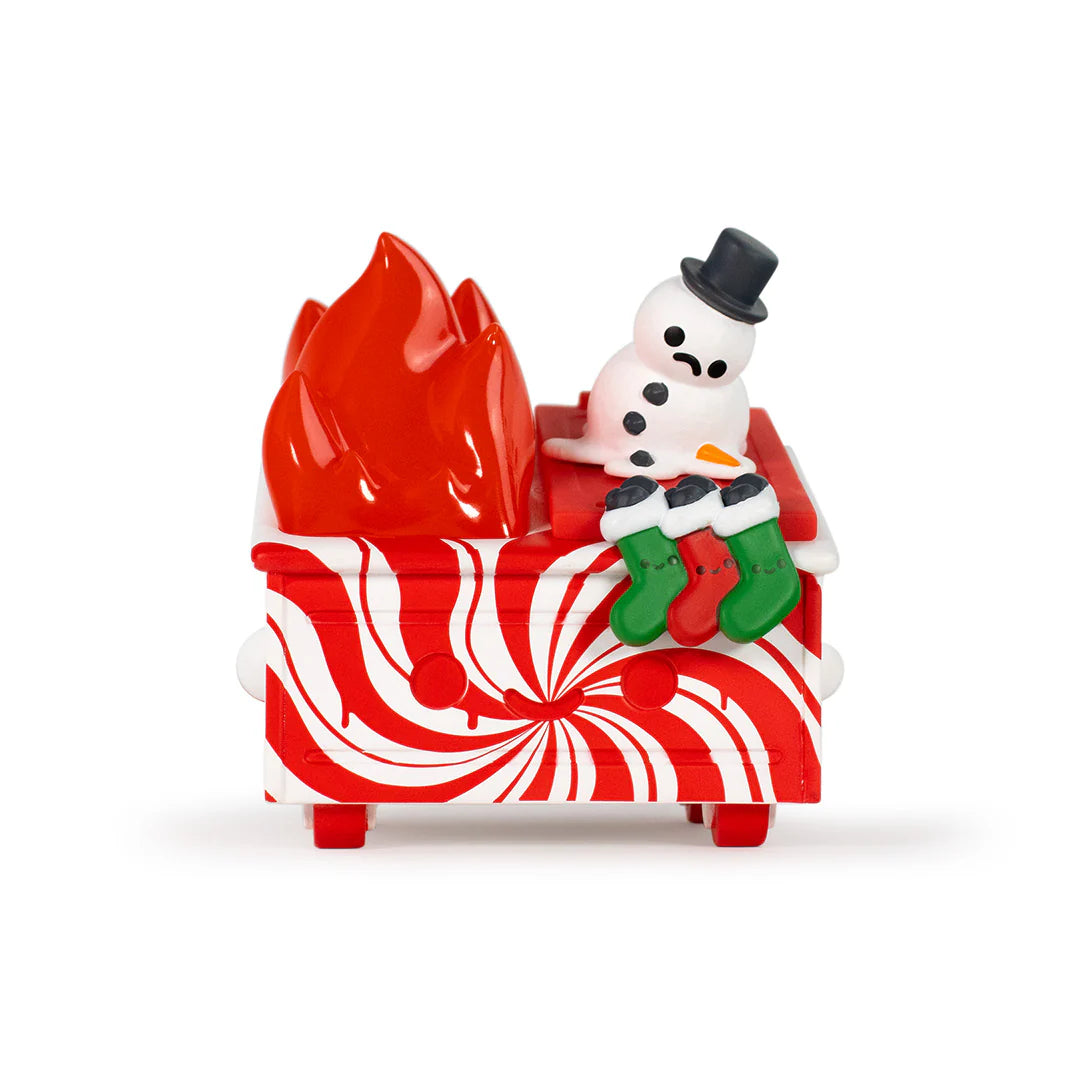 Peppermint Dumpster Fire figure with melting snowman mini figure on top.
